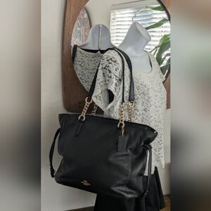 Coach Elle Black Pebbled Leather Tote Bag with Gold Chain.